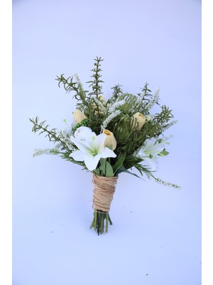 Kibrithane Çiçek Yapay Buket Kuru Çiçek Lilyum ve Sarı Lale Gelin El Buketi KC00120105
