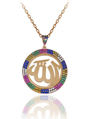 Renkli Taşlı Plaka Allah Gümüş Kolye