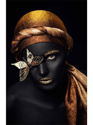 Ion Kanvas Tablo Ledli Kelebekli Afrikalı Kadın Duvar Dekorasyon Moda Işıklı Tablo