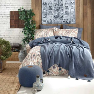 İyi Geceler İstanbul Boho Chic Cobalt Mavi Çift Kişilik Püsküllü Battaniyeli Nevresim Seti