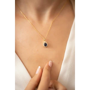 Ninova Silver Damla Model Safir Taşlı Altın Kaplama Gümüş İtalyan Kolye