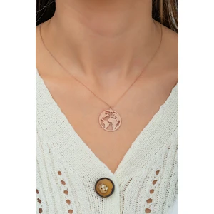 Papatya Silver Dünya Haritası Kolye Rose Altın Kaplama 925 Ayar Gümüş