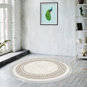 Alanur Home Alanur Star Pamuk Tabanlı Saçaklı Yıkanabilir Dijital Halı Yuvarlak Krem