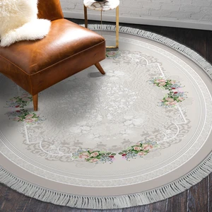 Alanur Home Alanur Yıldız Deri Tabanlı Saçaklı Yıkanabilir Dijital Halı Yuvarlak Krem