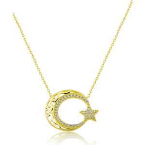Papatya Silver Motifli Ayyıldız Figürlü Altın Kaplama Nano Zirkon Kolye