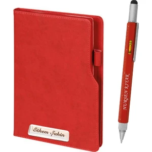 Isme Özel Çok Fonksiyonlu Termo Deri Defter + Kalem Seti Kırmızı