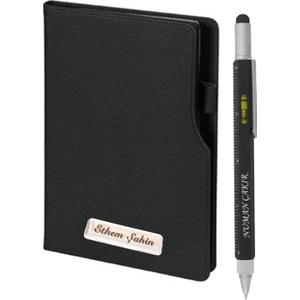 Çok Fonksiyonlu Isme Özel Termo Deri Defter + Kalem Seti Siyah