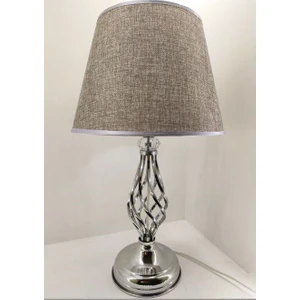 Gümüş Gri Rustik Burgulu Taşlı Metal Ayaklı  30'luk Gri Kumaş  Şapkalı   Abajur Masa Lambası