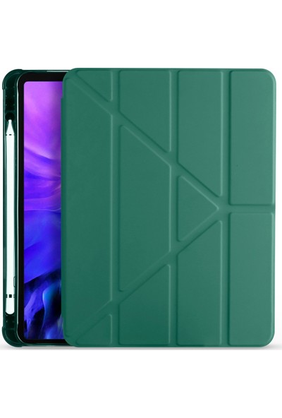 Ceplab Apple iPad Air 2 Kılıf Kalem Bölmeli Silikon Smart Cover+9h Nano Esnek Ekran Koruyucu Koyu Yeşil