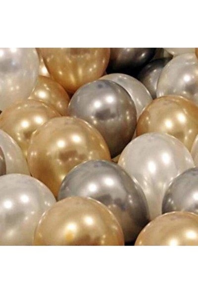 Kullanatparty 30 Adet Metalik Sedefli Gold-Gümüş Gri-Beyaz Balon, Helyumla Uçan