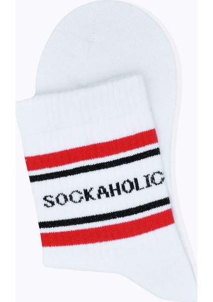 Sockaholic Mottolu Kırmızı Çizgili Beyaz Çorap