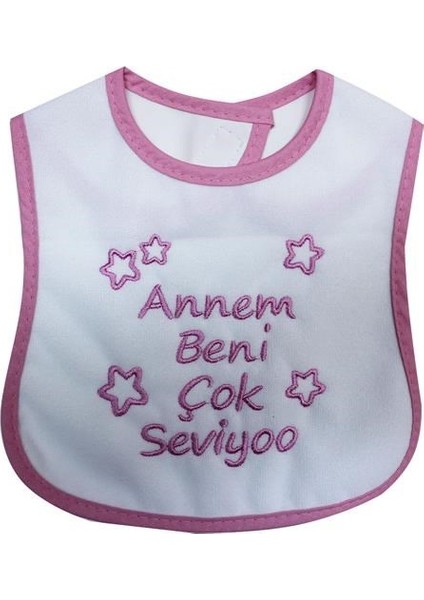 Annem Beni Çok Seviyoo Yazılı Mama Önlüğü Pembe