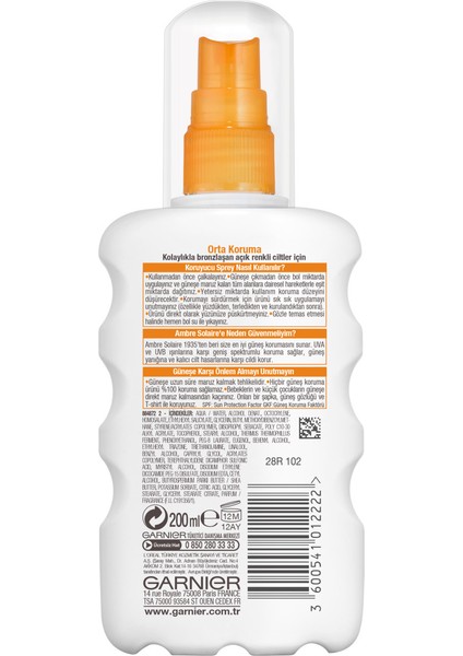 Garnier Ambre Solaire Güneş Koruyucu Sprey Gkf20 200Ml