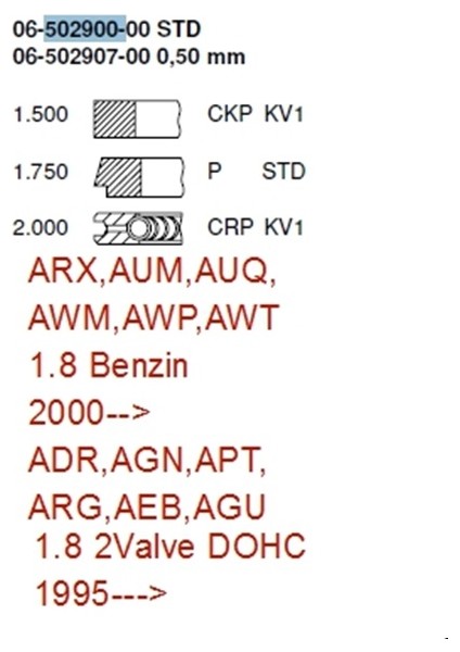 Segman VW8100F-STD(06-502900-00) - CAP 81,01 1,5*1,75*2 - Audi - A4 1.8/T 1994-2001,A6 1.8/T 1997-2005,OCTAVIA I 1.8/T20V 1998-->, BORA 1.8 T 2000-2005,GOLF IV 1.8 T 1997-2006,PASSAT 1.8 T 20V 199