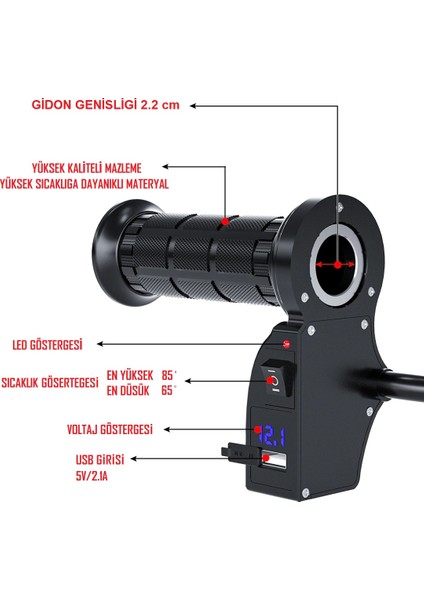 Motosiklet Elcik Isıtma 2 Kademeli Tek Girişli USB Dahil