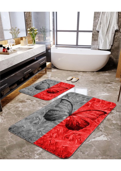 Kırmızı Siyah Baskılı Kelebek 2'li Banyo Paspas Seti TLAHMP-047