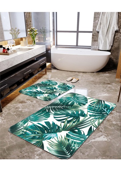 Palmiye Yaprak Desenli 2'li Banyo Paspas Seti TLAHMP-052