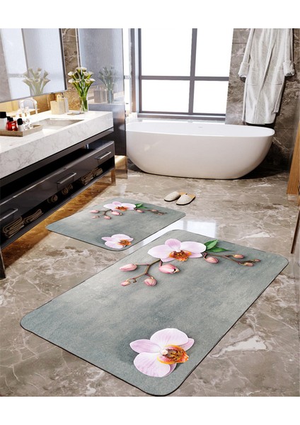 Pudra Orkide Desenli 2'li Banyo Paspas Seti TLAHMP-038