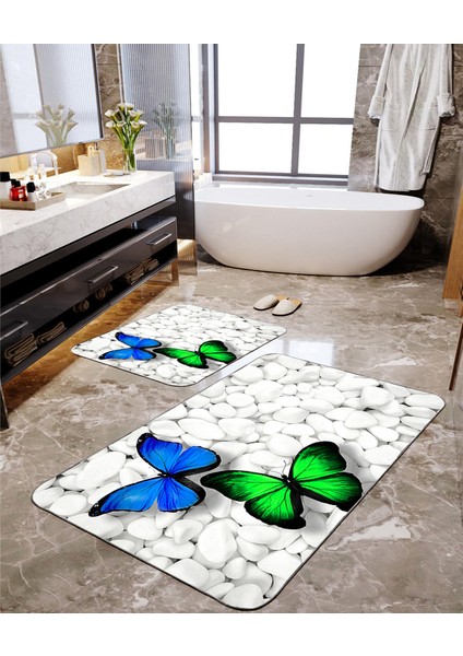 Mavi-Yeşil Desenli 2'li Banyo Paspas Seti TLAHMP-026