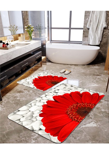 Kırmızı Papatya Desenli 2'li Banyo Paspas Seti TLAHMP-040