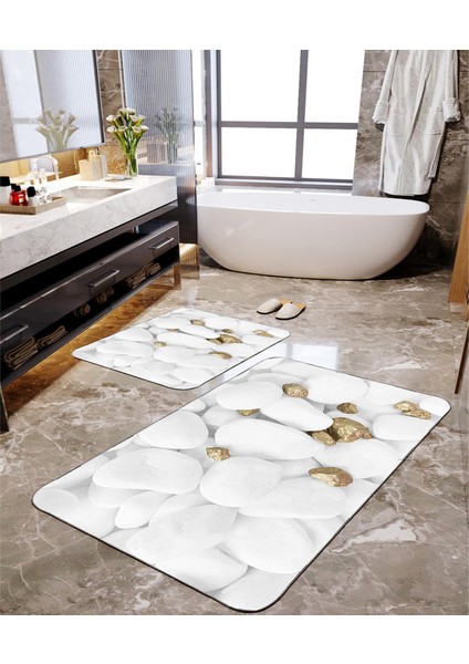Beyaz Taş Desenli 2'li Banyo Paspas Seti TLAHMP-053