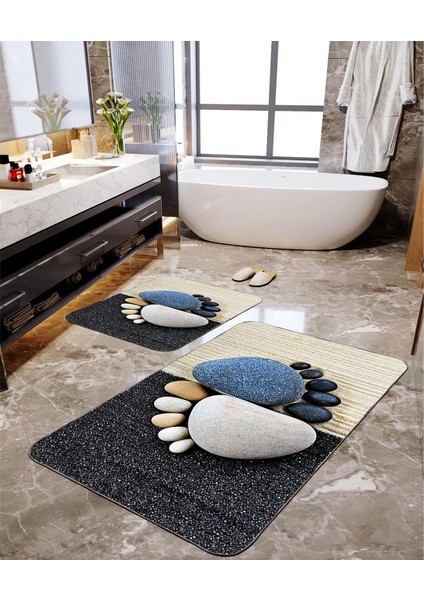 Taş Ayak Izi Baskılı 2'li Banyo Paspas Seti TLAHMP-049