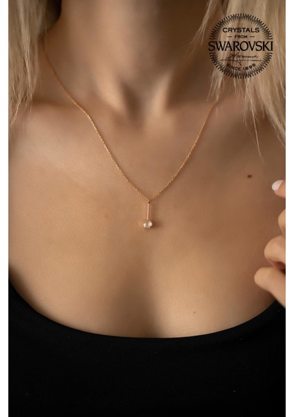 Swarovski Taşlı Çubuk Model Rose Kaplama Gümüş Kolye