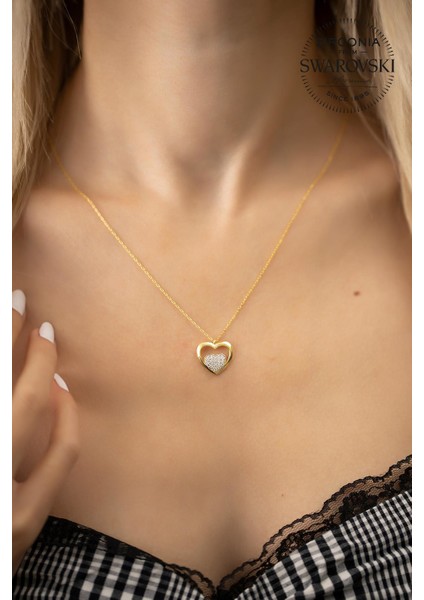 Swarovski Taşlı Kalp Model Altın Kaplama Gümüş Kolye
