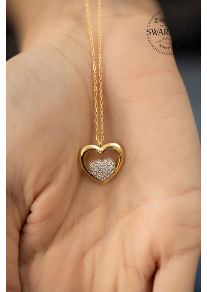 Swarovski Taşlı Kalp Model Altın Kaplama Gümüş Kolye