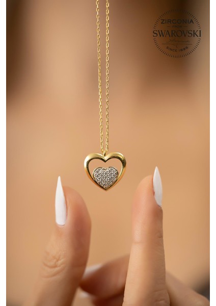 Swarovski Taşlı Kalp Model Altın Kaplama Gümüş Kolye