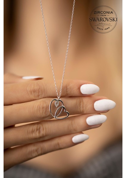 Swarovski Taşlı Çift Kalp Model Gümüş Kolye