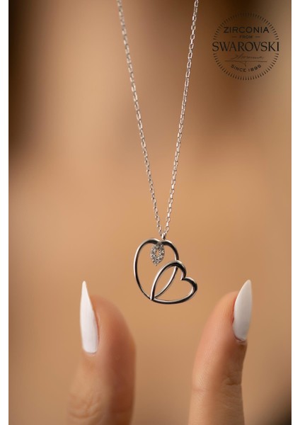 Swarovski Taşlı Çift Kalp Model Gümüş Kolye