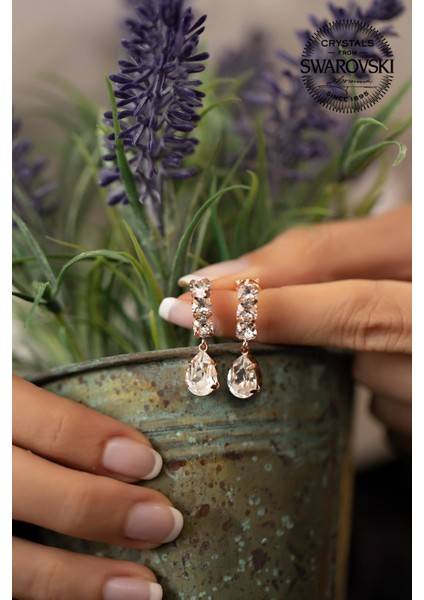 Swarovski Taşlı Üçtaş ve Damla Model Rose Gümüş Küpe