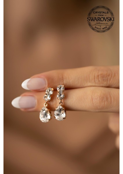 Swarovski Taşlı Damla Model Rose Kaplama Gümüş Küpe