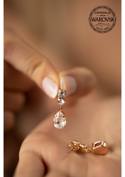 Swarovski Taşlı Damla Model Rose Kaplama Gümüş Küpe
