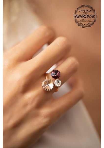 Swarovski Taşlı Üç Taş Model Rose Kaplama Gümüş Yüzük fiyatları