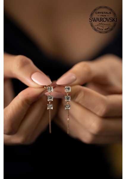 Swarovski Taşlı Üç Taş Model Rose Kaplama Gümüş Küpe