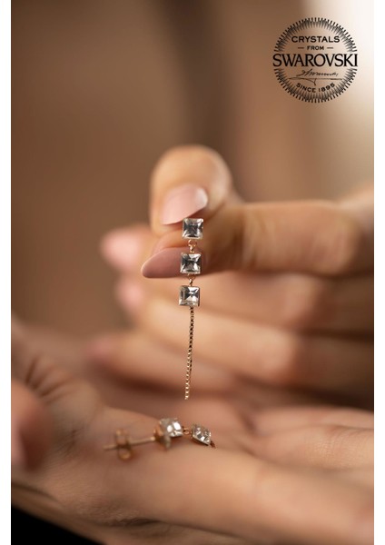 Swarovski Taşlı Üç Taş Model Rose Kaplama Gümüş Küpe
