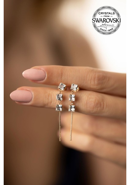 Swarovski Taşlı Üç Taş Model Rose Kaplama Gümüş Küpe
