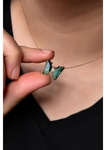 925 Ayar Gümüş Nano Ay Taşı Yeşil Kelebek Kolye