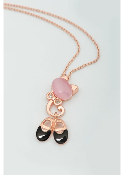 925 Ayar Gümüş Rose Kaplama Ay Taşlı Papuç Kedi Kolye