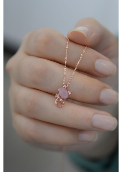 925 Ayar Rose Kaplama Ay Taşlı Gümüş Kedi Kolye