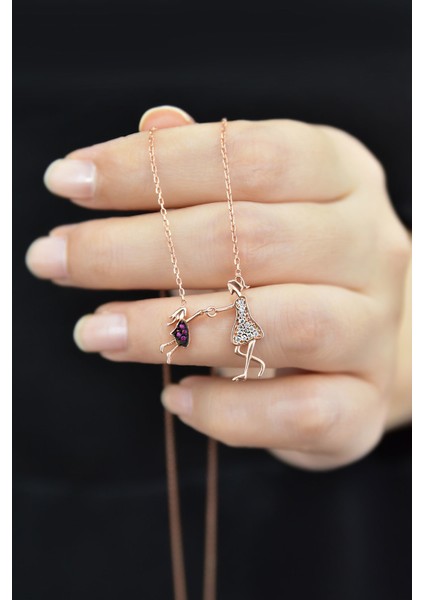 Kadın Anne Ve Çocuk Model Rose Kaplama Gümüş Kolye