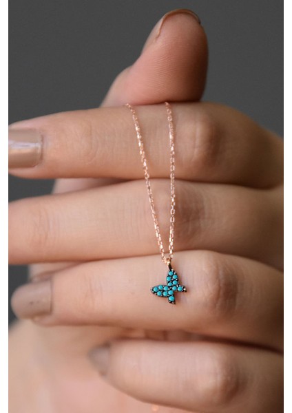 925 Ayar Gümüş Mini Firuze Taşlı Kelebek Kolye