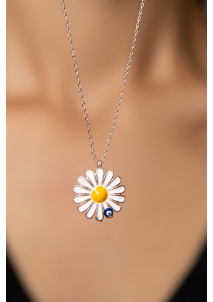 Kadın Nazar Detaylı Papatya Model 925 Ayar Gümüş Kolye