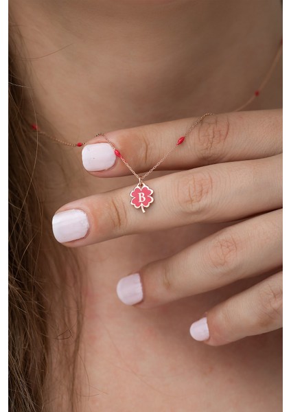 925 Ayar Yonca Modeli Kırmızı Nano Lazer Mineli Gümüş B Harf Kolye