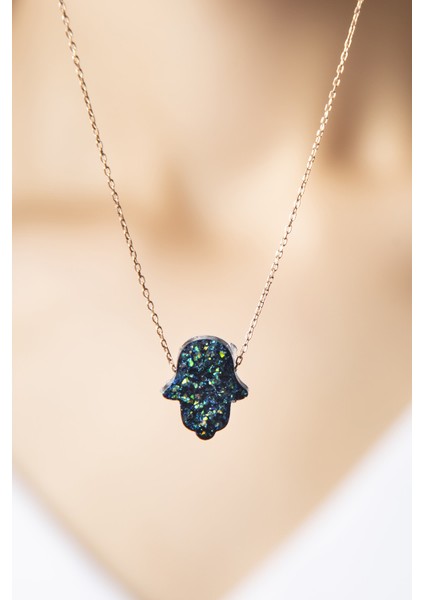 925 Ayar Opal Taşlı Fatma Ana Eli Gümüş Kolye