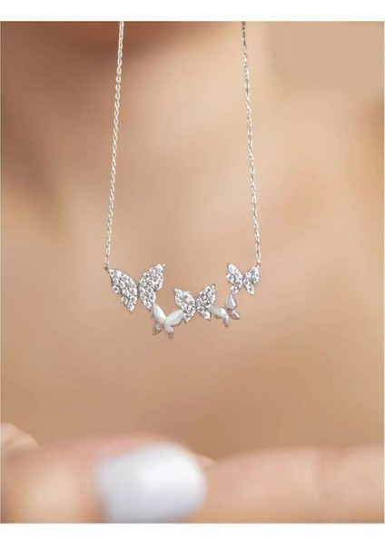 925 Ayar Beyaz Taşlı Gümüş Sıralı Kelebek Kolye fiyatları