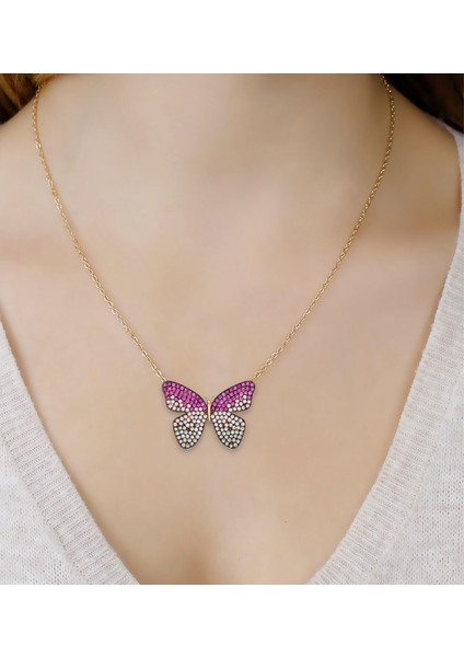 925 Ayar Pembe Zirkon Taşlı Gümüş Kelebek Kolye fiyatları