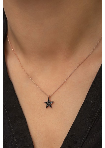 925 Ayar Siyah Zirkon Taşlı Gümüş Yıldız Kolye